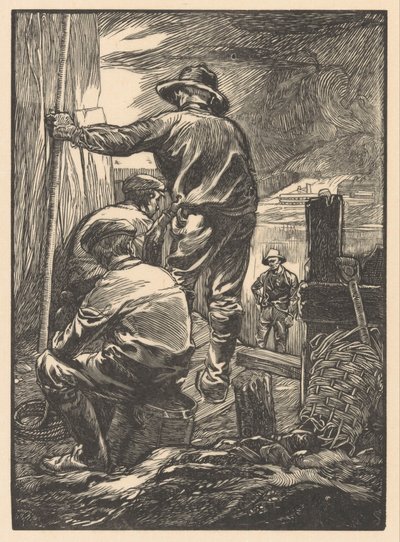 Vier arbeiders bij het water door Johannes Josephus Aarts