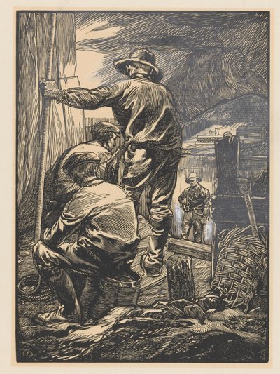 Vier arbeiders bij het water door Johannes Josephus Aarts