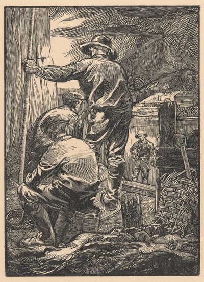 Vier arbeiders bij het water door Johannes Josephus Aarts