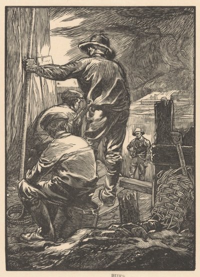 Vier arbeiders bij het water door Johannes Josephus Aarts
