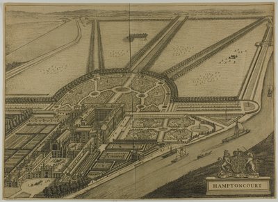 Hampton Court, plaat zes uit Britannia Illustrata door Johannes Kip