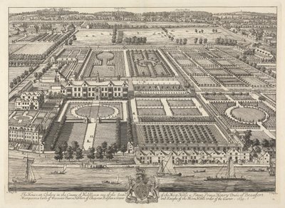 Uitzicht op Beaufort House en Chelsea 1699 door Johannes Kip