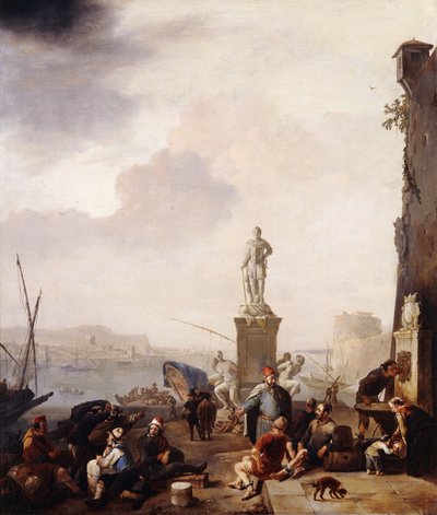 Een mediterrane haven met het monument van groothertog Ferdanindo I van Toscane in Livorno door Johannes Lingelbach