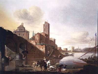 Een Uitzicht op de Ponte Molle in Rome door Johannes Lingelbach