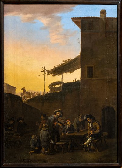 Drinkers voor een Italiaanse herberg door Johannes Lingelbach