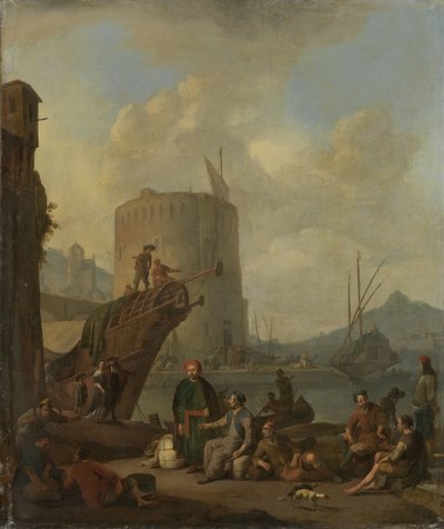 Italiaanse Haven met een Versterkte Toren door Johannes Lingelbach