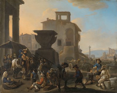 Italiaanse markt met een kwakzalver tandarts door Johannes Lingelbach