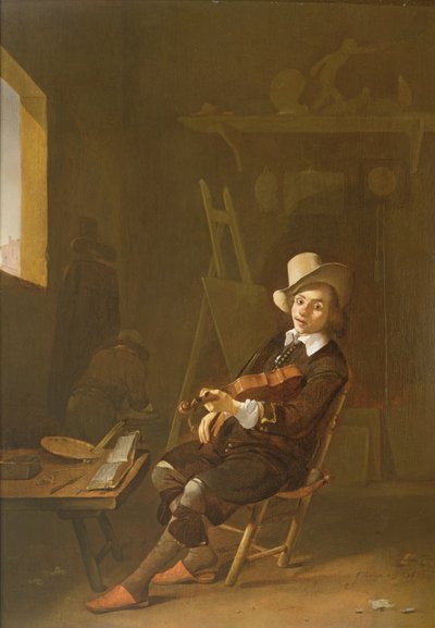 Zelfportret van de kunstenaar die viool speelt door Johannes Lingelbach