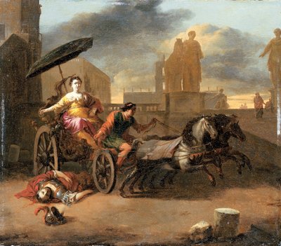 De dood van Servius Tullius met Tullia in haar wagen door Johannes Lingelbach