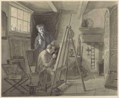 Zelfportret van Johannes Marius van Kate, staande in zijn atelier met een bezoeker door Johannes Marius ten Kate