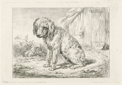 Zittende hond bij een schuur door Johannes Mock