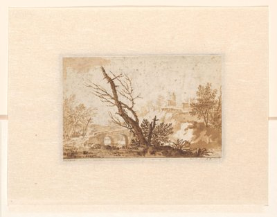 Italiaans landschap met boom, een brug en enkele gebouwen door Johannes Petrus van Horstok
