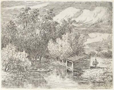 Boothuis aan een rivier door Johannes Pieter van Wisselingh