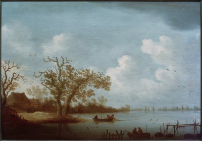 Hollandse rivierlandschap met boerderijen en vissersboten door Johannes Pietersz. Schoeff