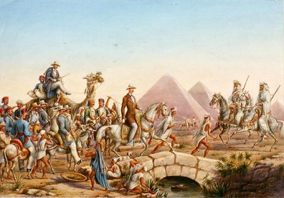 Prins Albert van Pruisen met zijn gevolg op tournee langs de piramides van Gizeh door Johannes Rabe