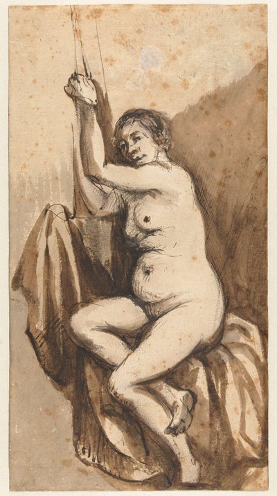 Zittende vrouwelijke naakt met opgeheven armen door Johannes Raven (attributed to)
