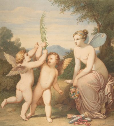 Eros en Anteros met Psyche die naar hen kijkt door Johannes Riepenhausen
