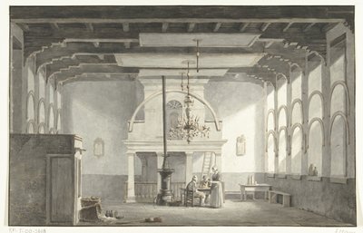 De zaal in de Kloveniersdoelen te Dordrecht waar de Nationale Synode in de jaren 1618-1619 gehouden is, 1836 door Johannes Rutten (signed by artist)