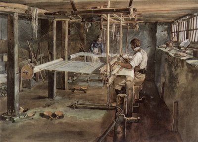 Appenzeller weverspaar aan het werk aan het handweefgetouw, circa 1830 door Johannes Schiess