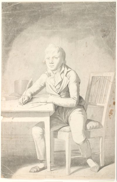 Jonge schrijvende jongen zittend aan een tafel door Johannes Senn