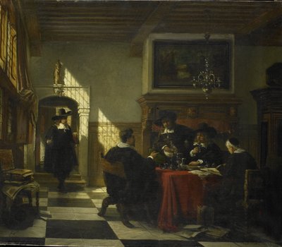 Gezelschap in 17e-eeuwse dracht bij een tafel waarop een Nautilusbeker door Johannes Stroebel