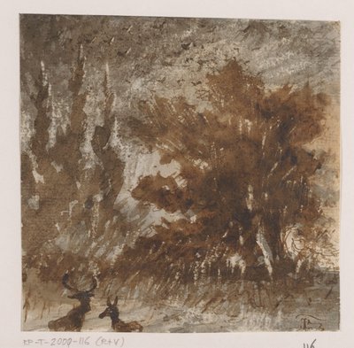 Herten en vogels bij hoge bomen door Johannes Tavenraat (signed by artist)
