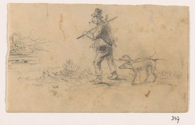 Jager met honden en een haas op de rug door Johannes Tavenraat (signed by artist)