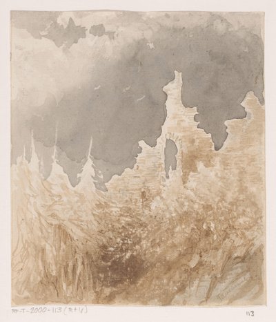 Ruïne tussen bomen door Johannes Tavenraat (signed by artist)