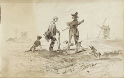 Jagers met honden in een landschap met een molen door Johannes Tavenraat
