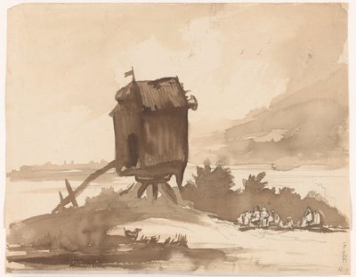 Molen zonder wieken aan het water door Johannes Tavenraat