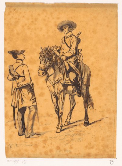 Officier te paard in gesprek met een soldaat door Johannes Tavenraat