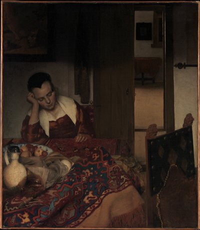 Ein schlafendes Mädchen door Johannes Vermeer