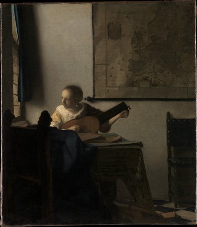Junge Frau mit Laute door Johannes Vermeer