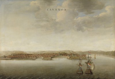 Gezicht op Cananor aan de kust van Malabar in India door Johannes Vinckboons (attributed to)