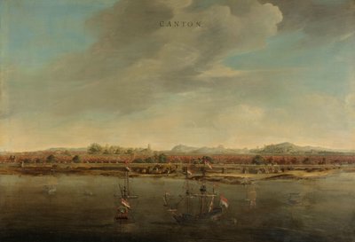 Gezicht op Canton in China door Johannes Vinckboons (attributed to)