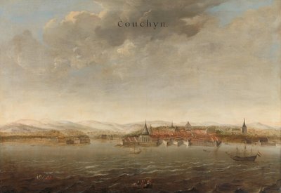 Gezicht op Cochin aan de kust van Malabar in India door Johannes Vinckboons (attributed to)