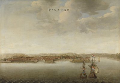 Uitzicht op Cannanore aan de Malabarkust in India door Johannes Vinckeboons