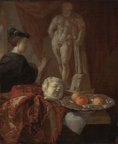 Stilleven en een vrouw aan een ezel, late 1600s door Johannes Voorhout