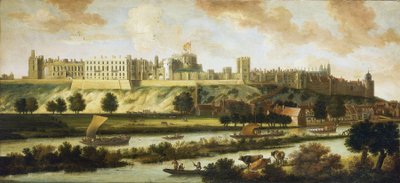 Uitzicht op Windsor Castle, en het volledige panorama rondom het gebouw, met beschrijving van het park en activiteiten op de rivier, een verscheidenheid aan boten, van vissersboten tot koninklijke schepen door Johannes Vorsterman
