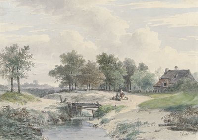 Landschap met bruggetje en figuren voor een boerderij door Johannes Warnardus Bilders
