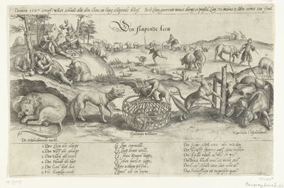 De slapende leeuw, 1567 (Vier allegorieën op de gebeurtenissen tussen 1576-1579 in de Nederlanden) door Johannes Wierix (attributed to)