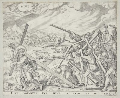 De mens neemt het kruis op zijn schouders en volgt Christus door Johannes Wierix