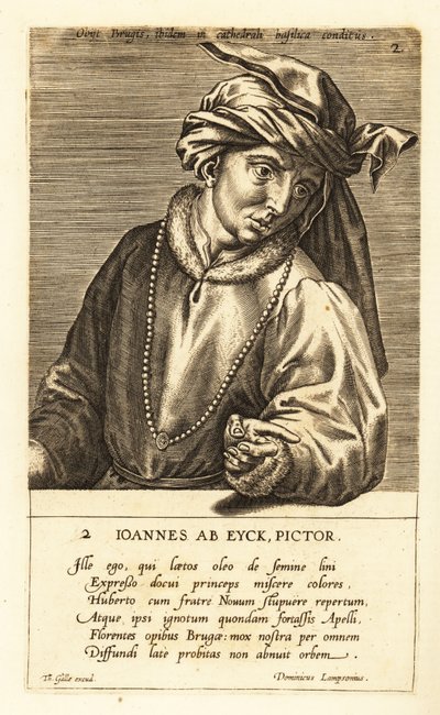 Portret van Jan van Eyck, Nederlandse schilder van de vroege Noordelijke Renaissancekunst door Johannes Wierix