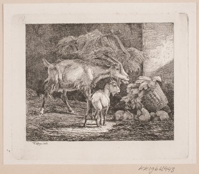 Een geit, een lam en konijnen in een stal door Johannes Wilhelm Zillen