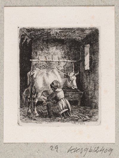 Een meisje melkt een koe door Johannes Wilhelm Zillen