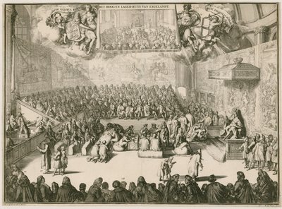 Een zitting in het Lagerhuis met George II op de troon door Johannes and Mortier, Cornelis Covens
