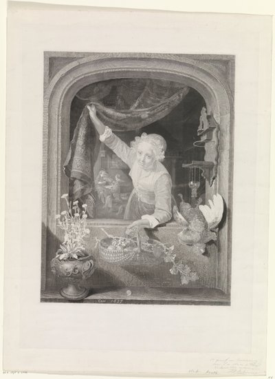 Vrouw met mand met vruchten in de hand bij het raam door Johannes de Mare