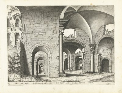 Gezicht op de Thermen van Diocletianus (Romeinse ruïnes, 1561) door Johannes of Lucas van Doetechum (attributed to)