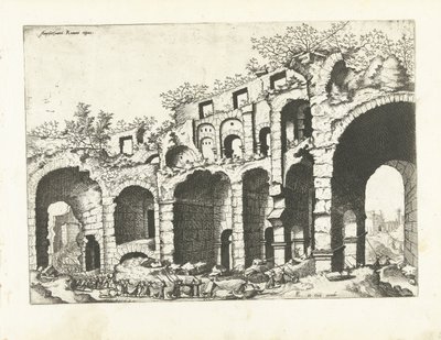 Gezicht op een amfitheater waarschijnlijk het Colosseum door Johannes of Lucas van Doetechum (attributed to)