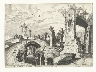 Gezicht op ruïnes op de Palatijn in Rome door Johannes of Lucas van Doetechum (attributed to)
